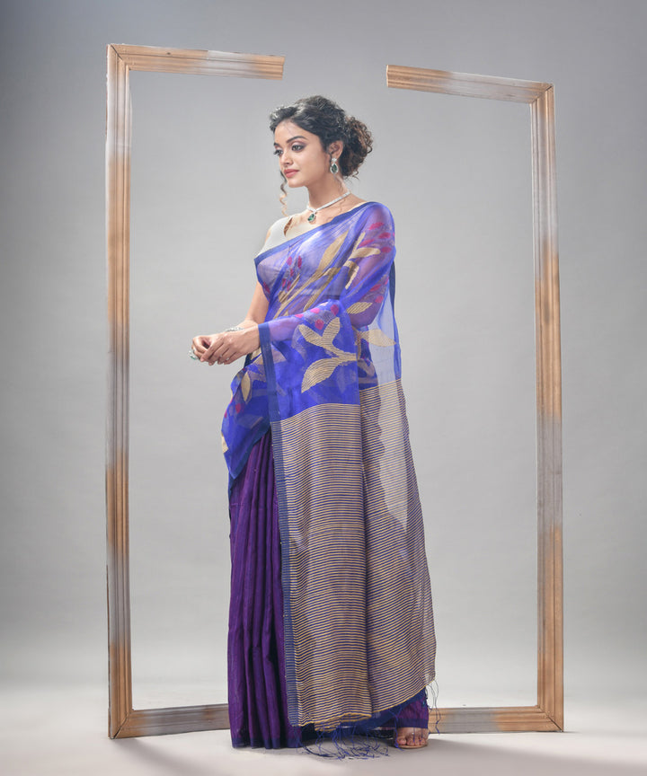 Royal blue silk matka handloom jamdani pallu stripes saree