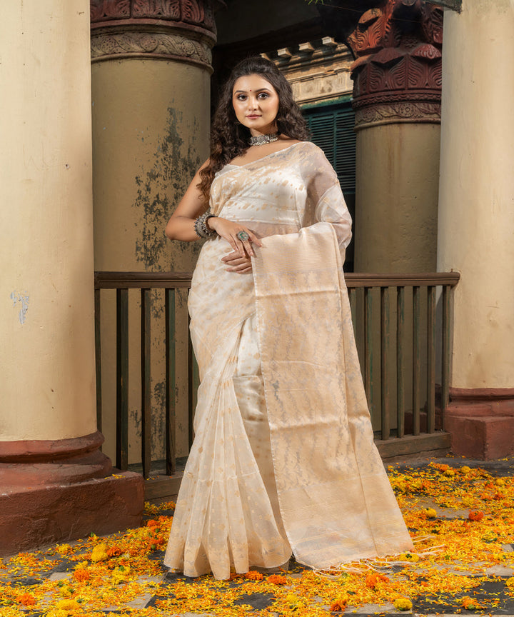 Beige silk matka handloom jacquard jamdani saree