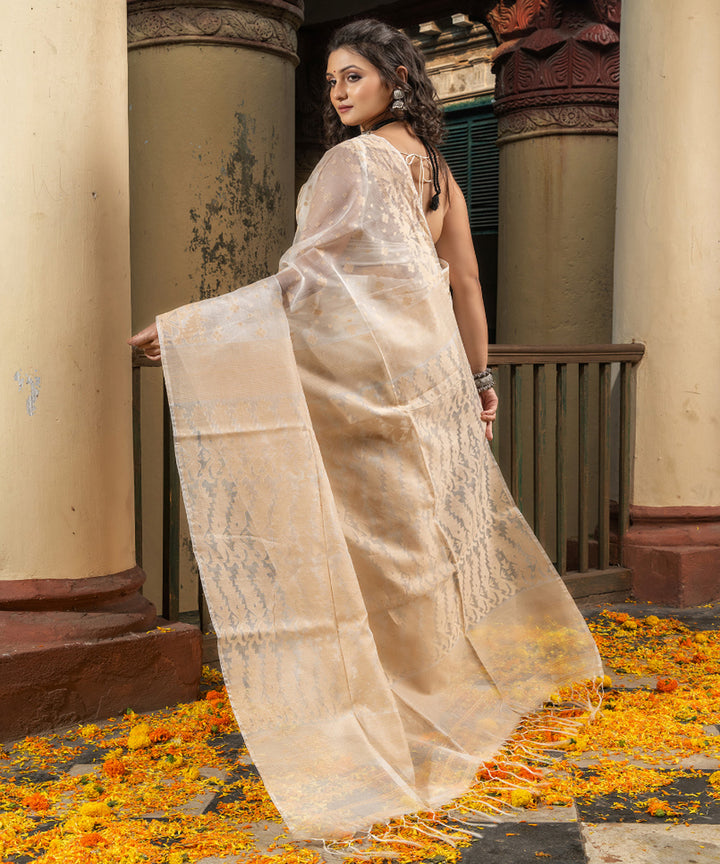 Beige silk matka handloom jacquard jamdani saree