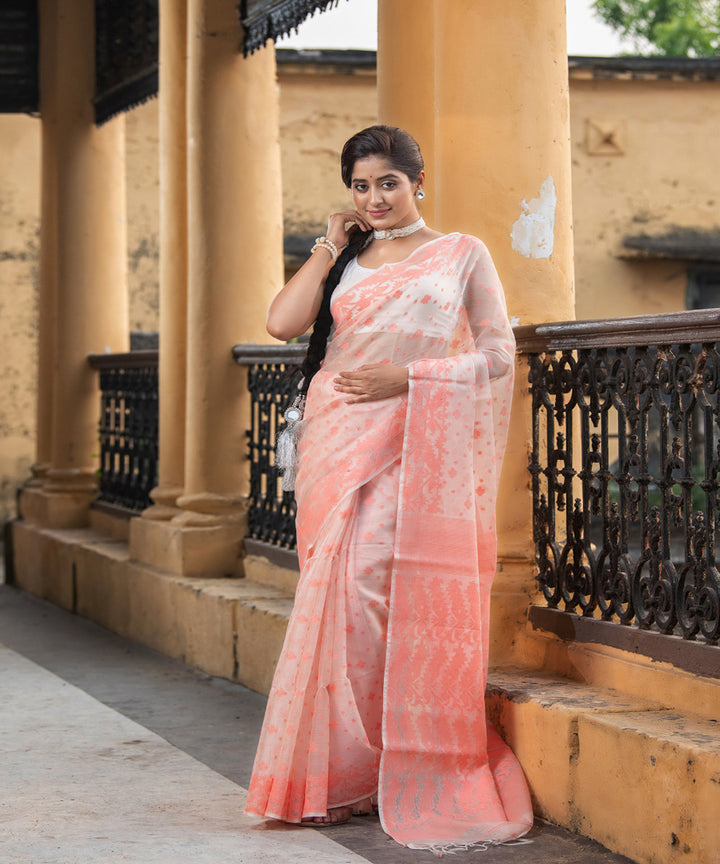Peach silk matka handloom jacquard jamdani saree
