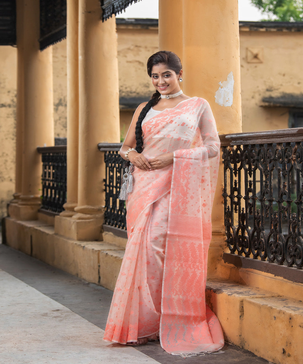 Peach silk matka handloom jacquard jamdani saree