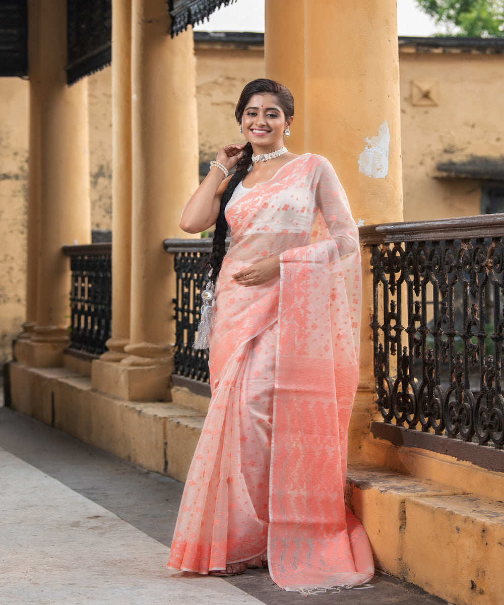 Peach silk matka handloom jacquard jamdani saree
