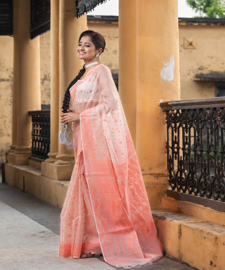 Peach silk matka handloom jacquard jamdani saree