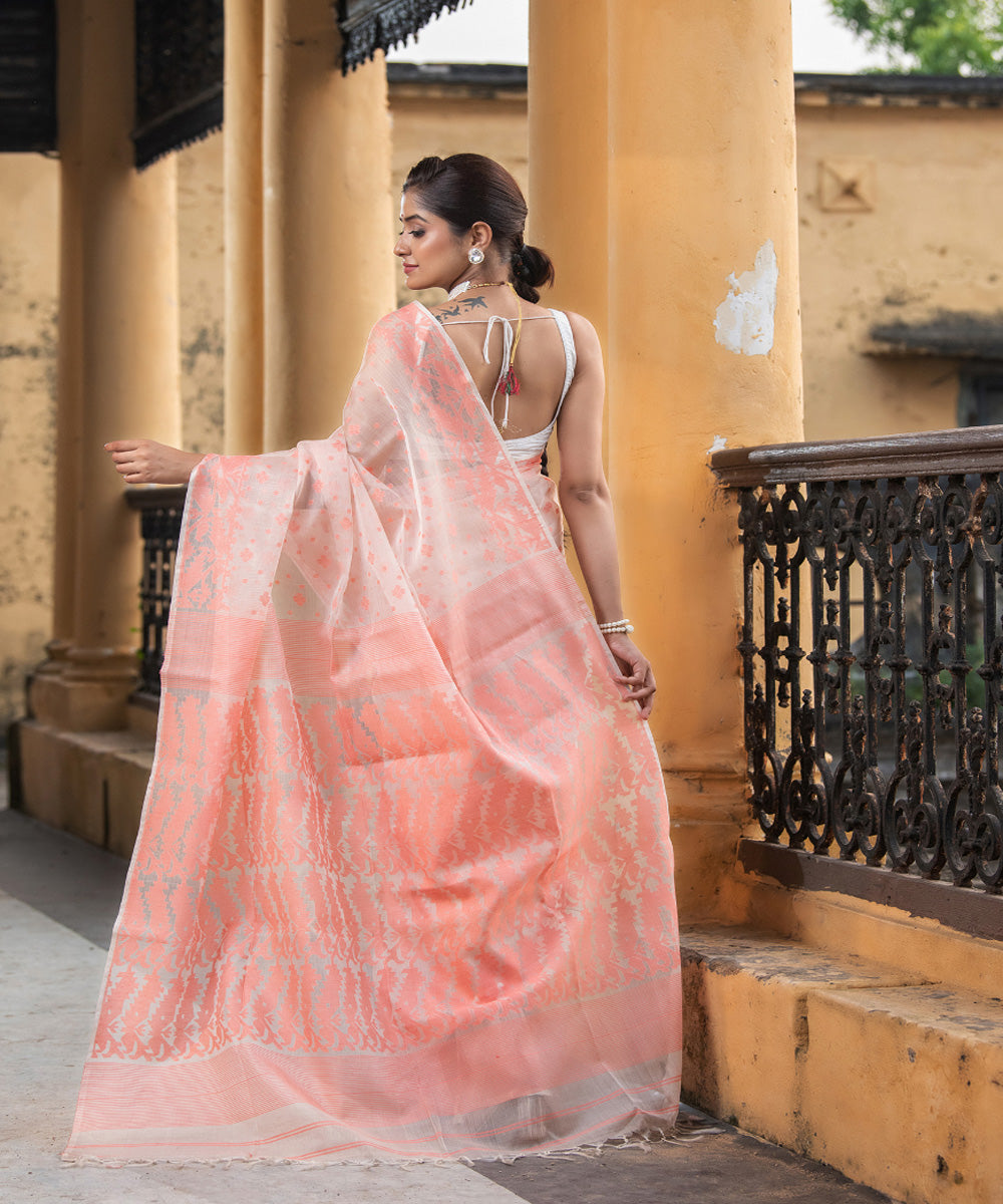 Peach silk matka handloom jacquard jamdani saree