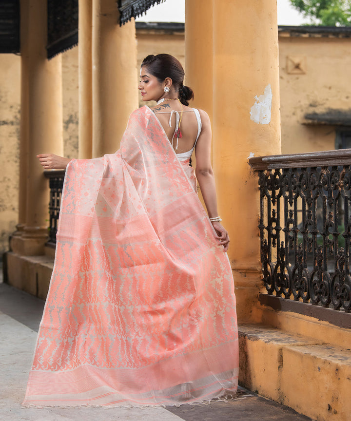 Peach silk matka handloom jacquard jamdani saree
