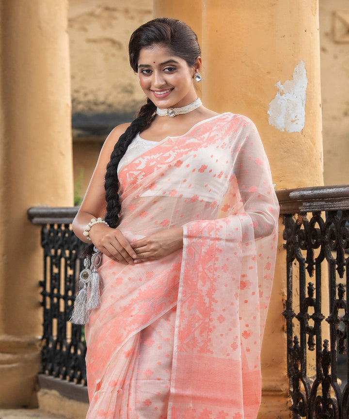 Peach silk matka handloom jacquard jamdani saree