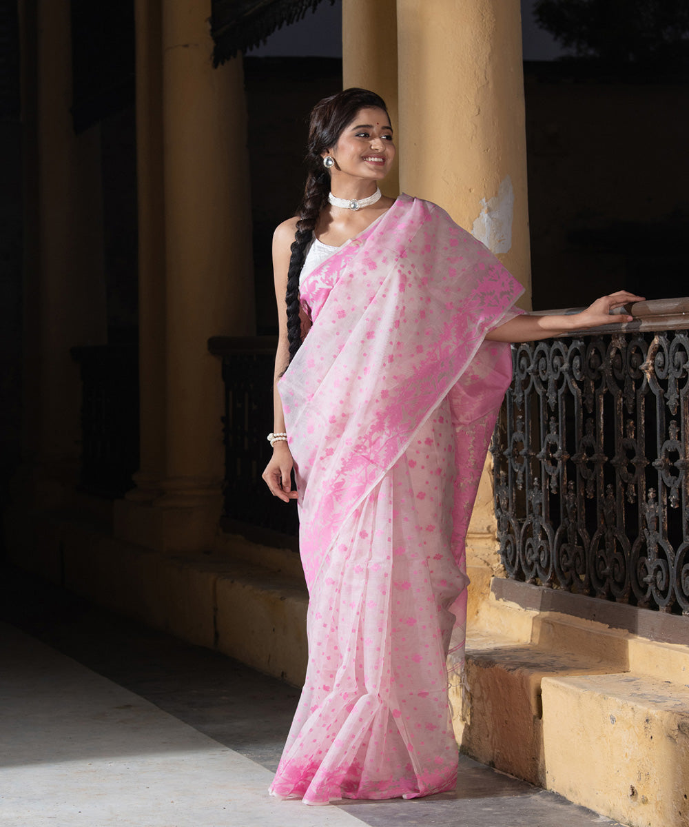 Pink matka handloom jacquard jamdani saree