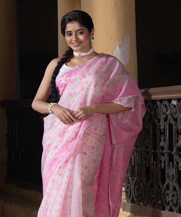 Pink matka handloom jacquard jamdani saree