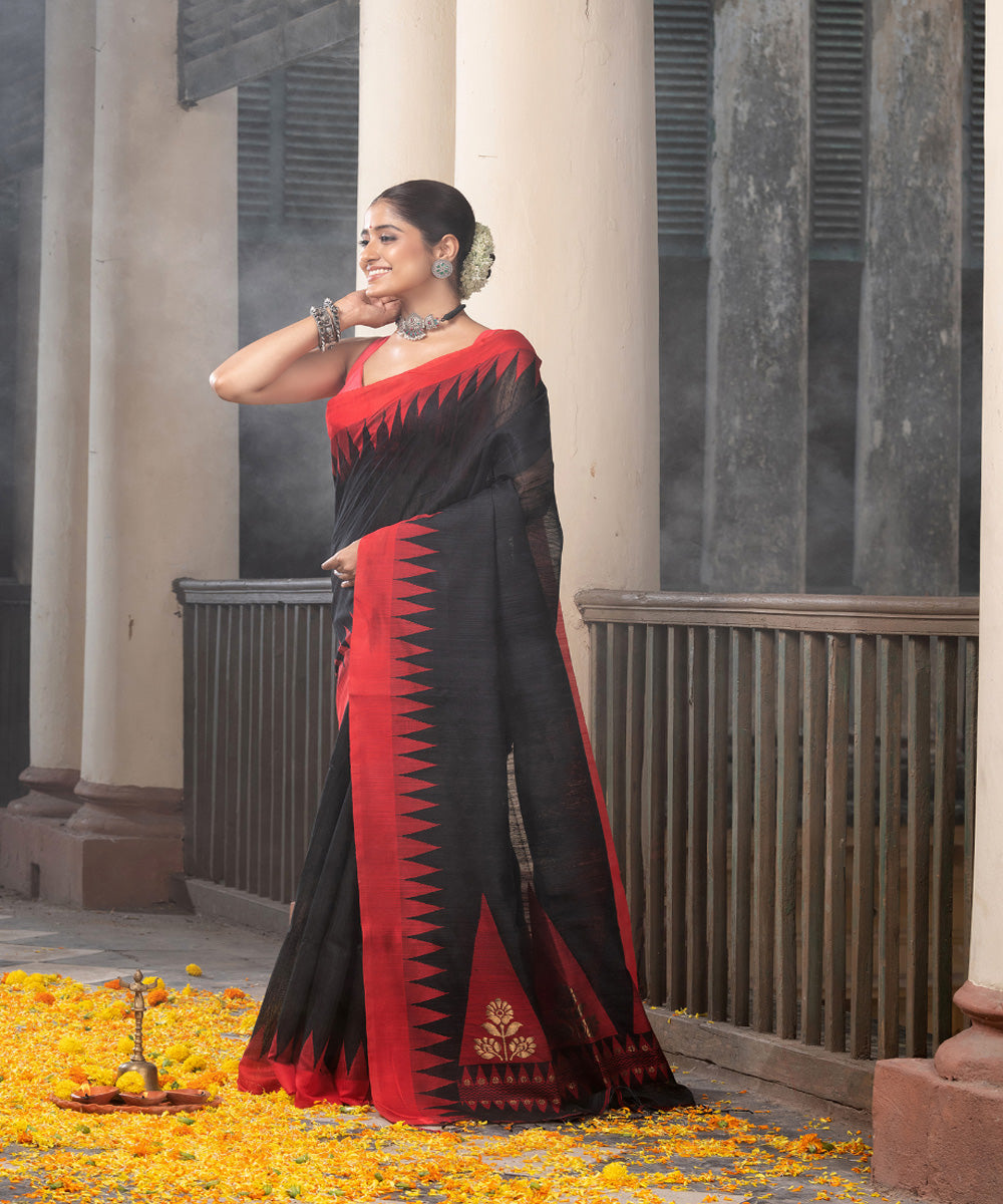Black red silk matka handloom jacquard jamdani saree