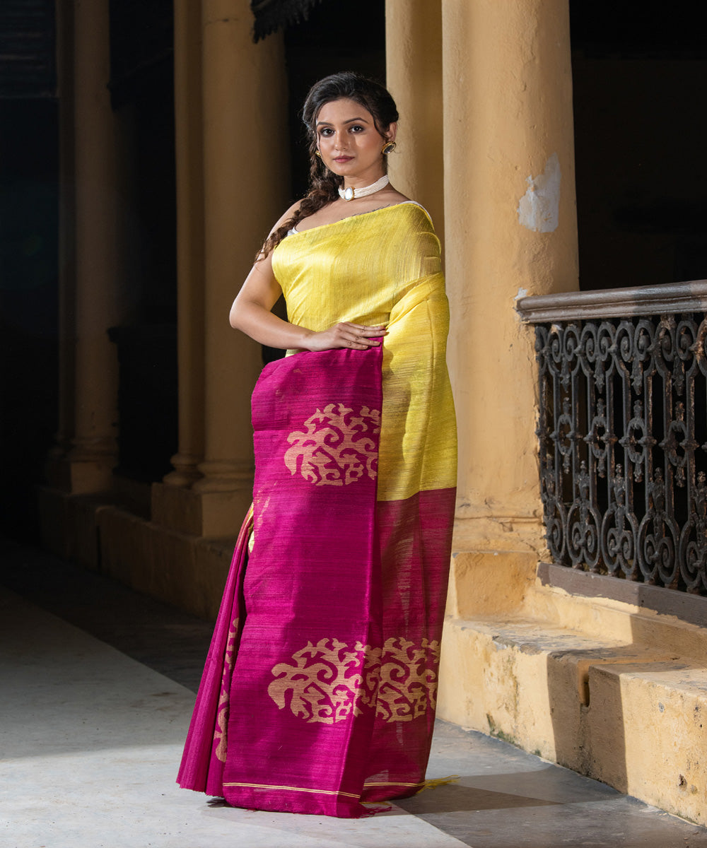 Yellow magenta silk matka handwoven bengal jamdani saree