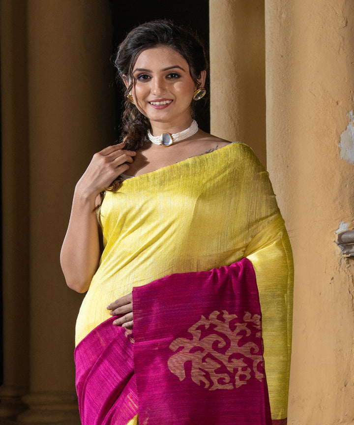 Yellow magenta silk matka handwoven bengal jamdani saree