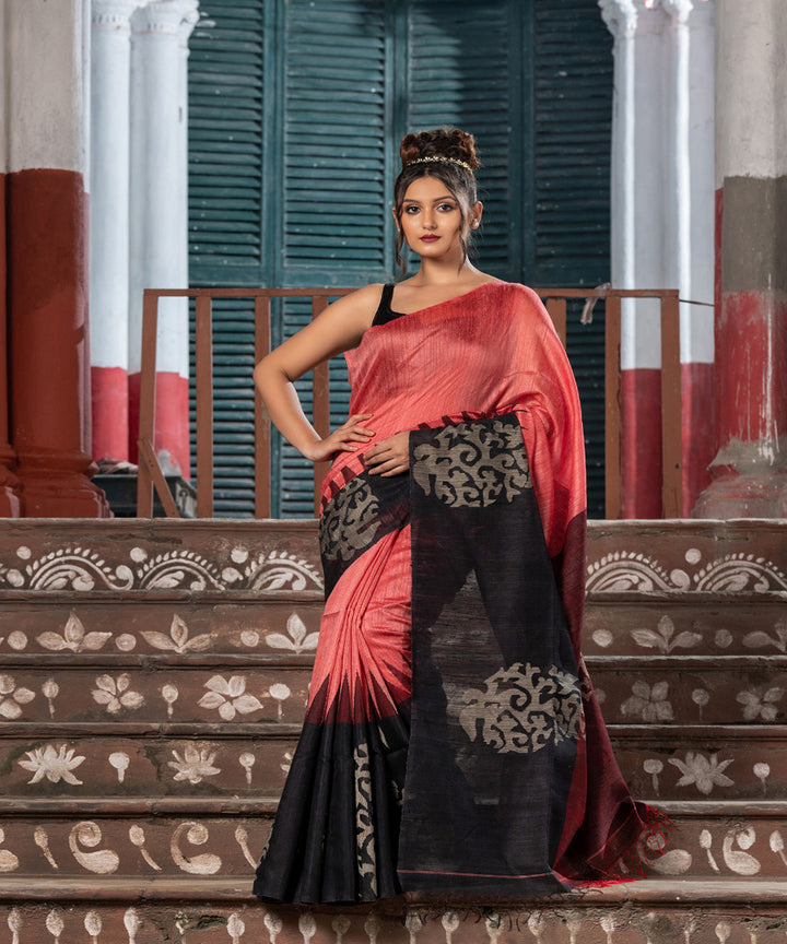 Dark peach black silk matka handwoven bengal jamdani saree