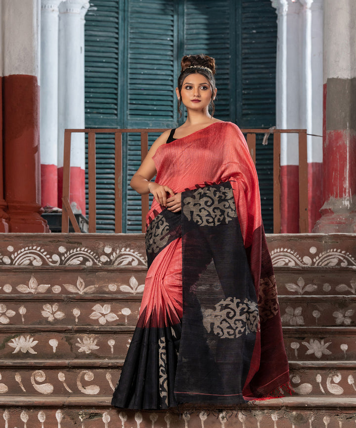 Dark peach black silk matka handwoven bengal jamdani saree