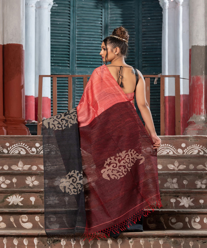 Dark peach black silk matka handwoven bengal jamdani saree