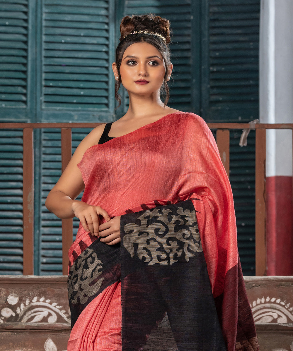 Dark peach black silk matka handwoven bengal jamdani saree