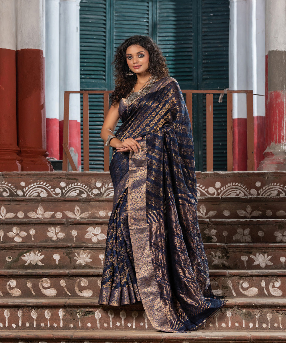 Navy blue silk matka handloom bengal jamdani saree