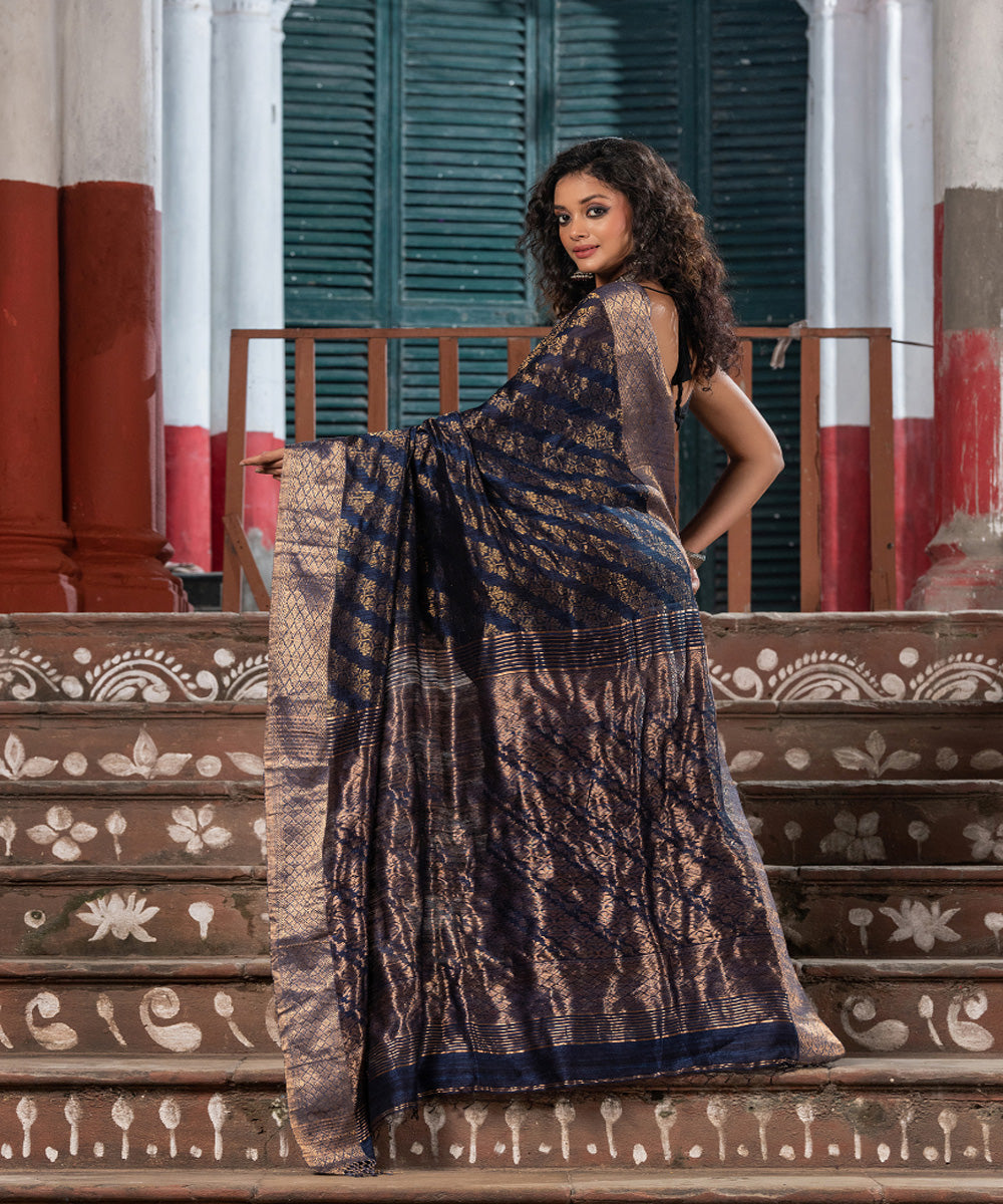 Navy blue silk matka handloom bengal jamdani saree