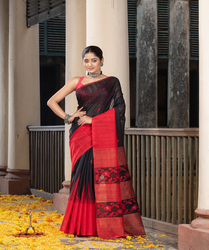 Black red silk matka handloom jacquard bengal saree