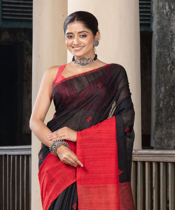 Black red silk matka handloom jacquard bengal saree