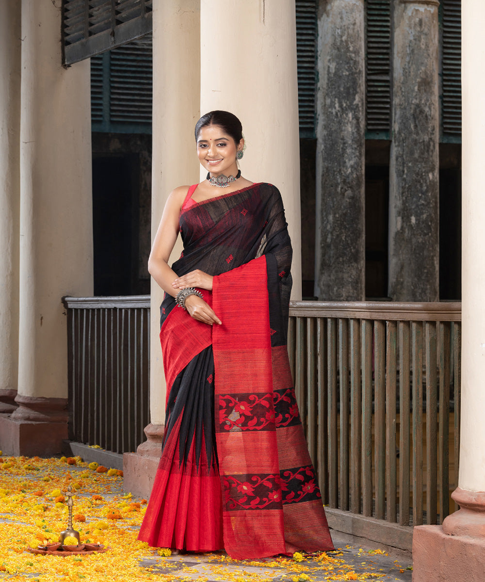 Black red silk matka handloom jacquard bengal saree