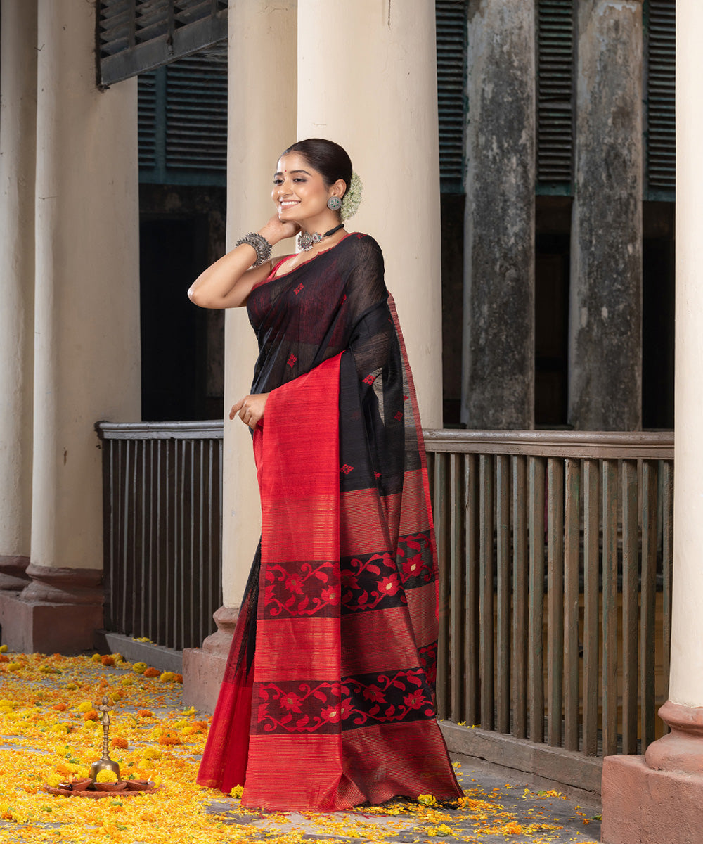 Black red silk matka handloom jacquard bengal saree