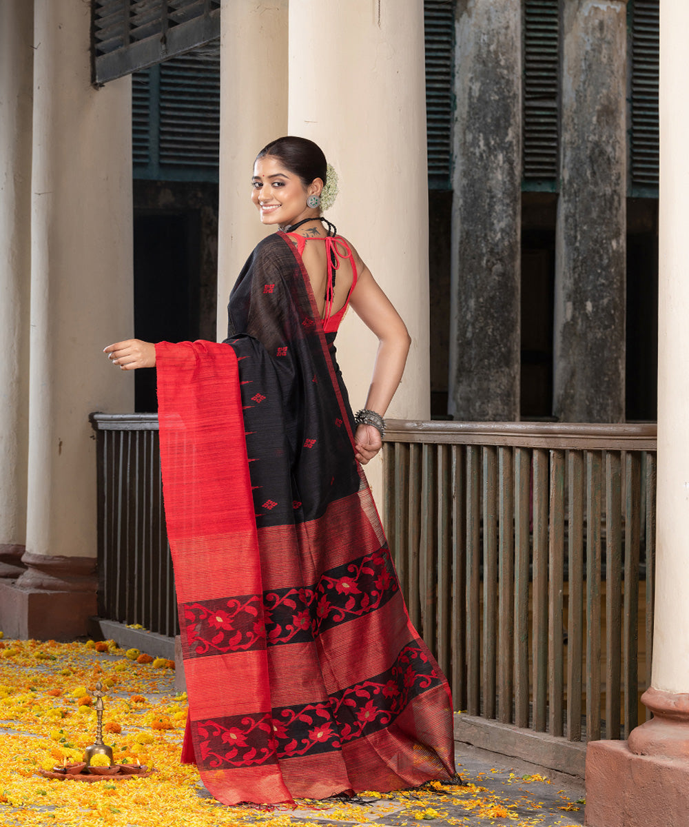 Black red silk matka handloom jacquard bengal saree