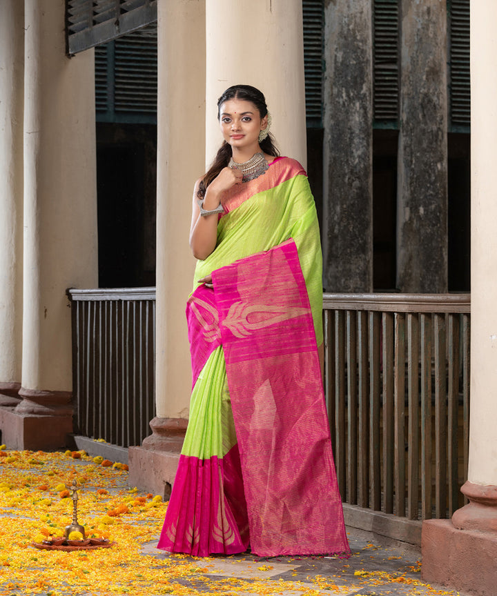 Green pink silk matka handloom jacquard bengal saree