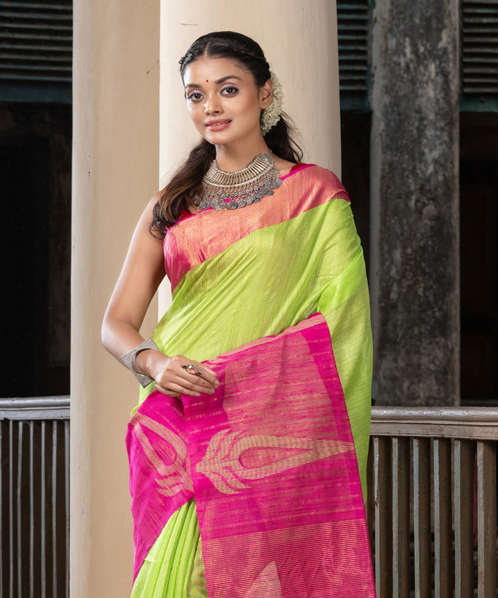 Green pink silk matka handloom jacquard bengal saree