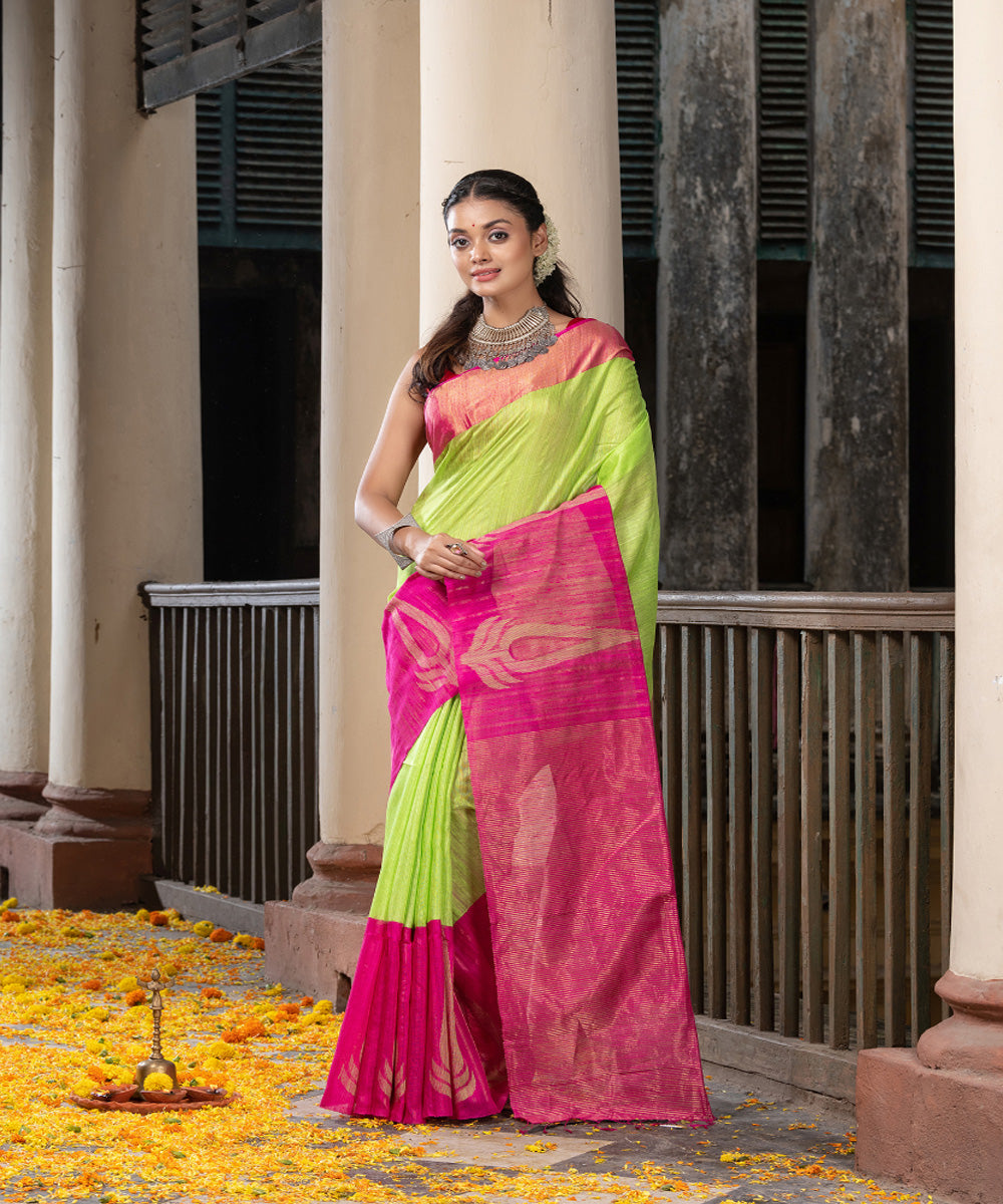 Green pink silk matka handloom jacquard bengal saree