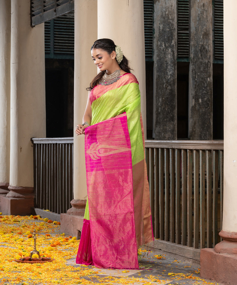 Green pink silk matka handloom jacquard bengal saree