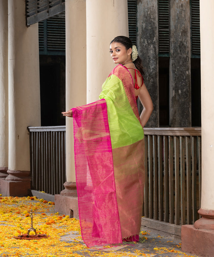 Green pink silk matka handloom jacquard bengal saree