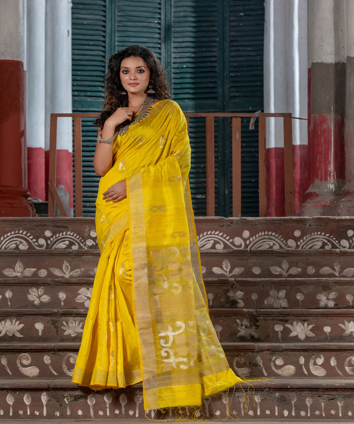 Yellow matka silk handloom bengal jamdani saree