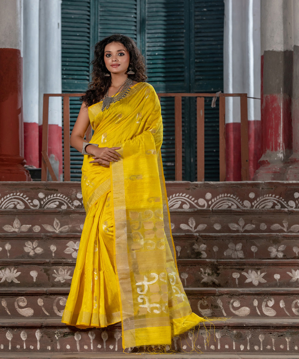 Yellow matka silk handloom bengal jamdani saree