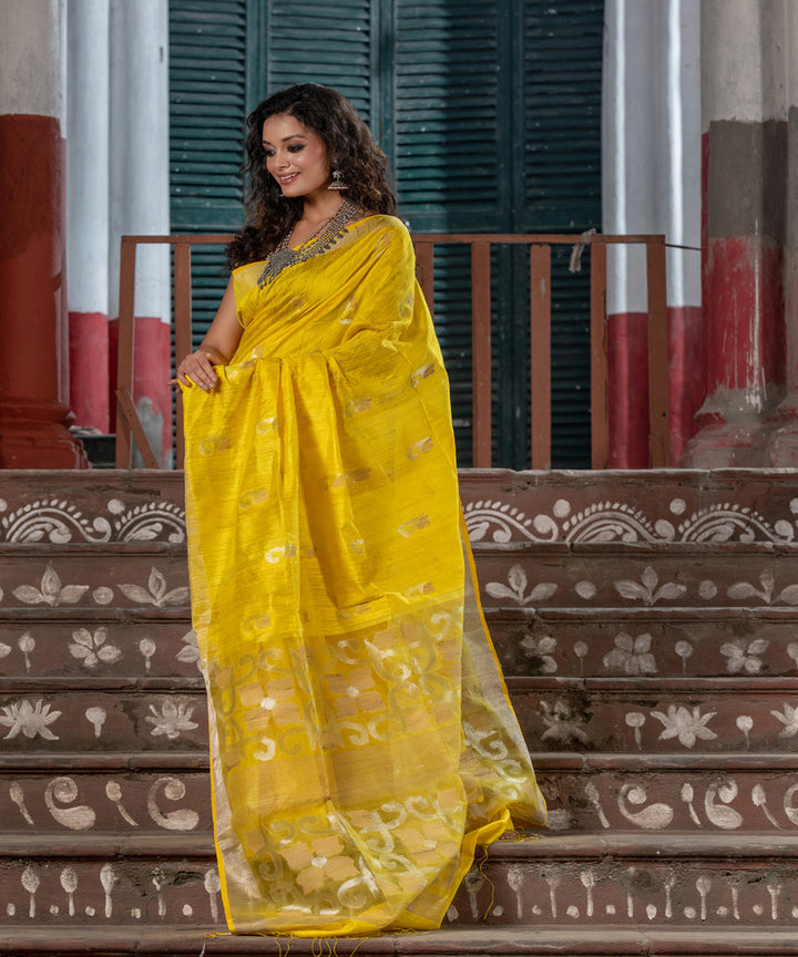 Yellow matka silk handloom bengal jamdani saree