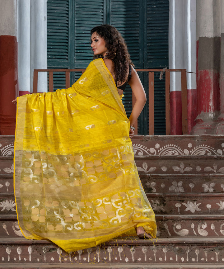 Yellow matka silk handloom bengal jamdani saree