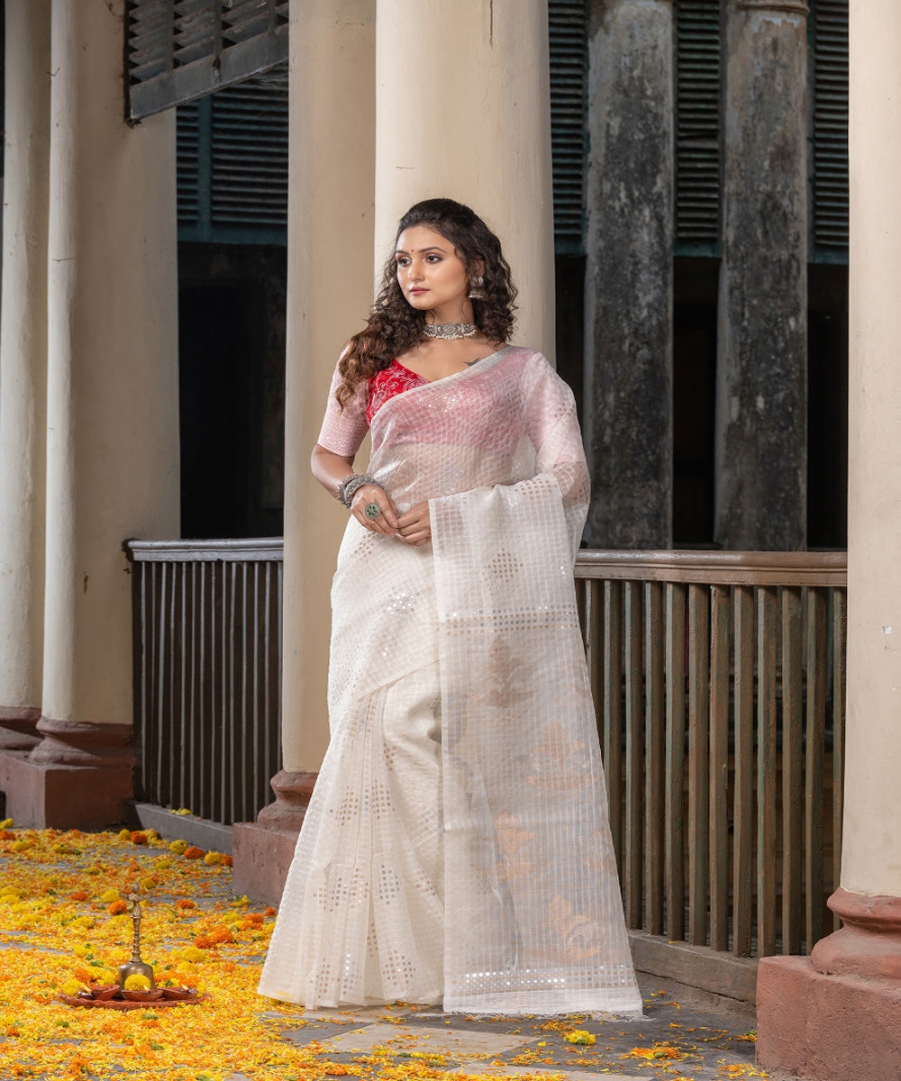 White silk sequin handloom bengal jamdani saree