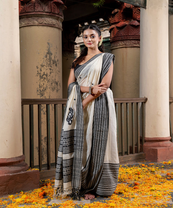White black tussar silk handloom jacquard saree