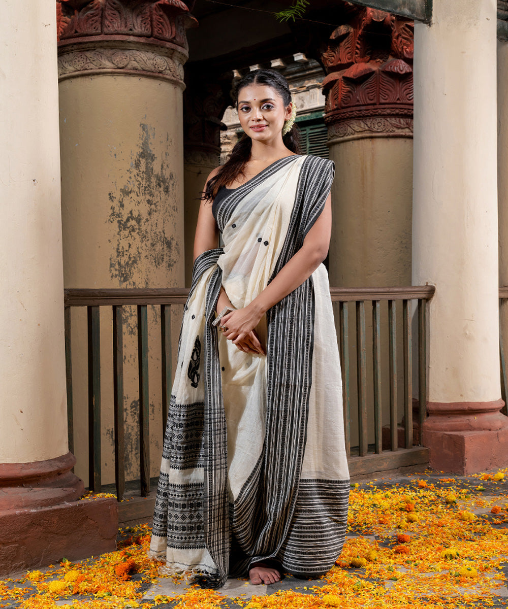 White black tussar silk handloom jacquard saree