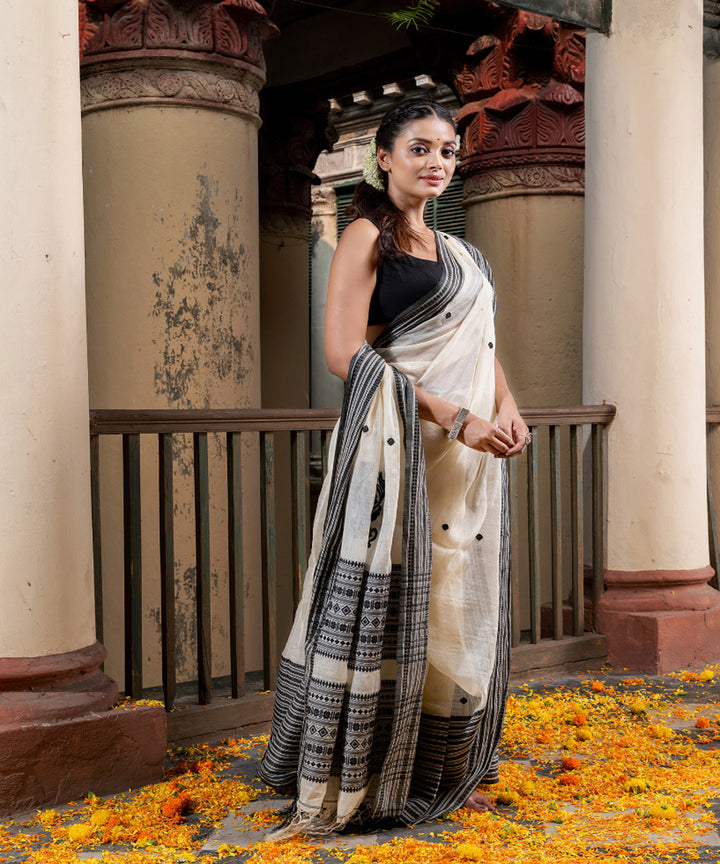 White black tussar silk handloom jacquard saree