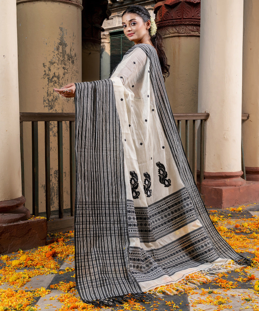 White black tussar silk handloom jacquard saree