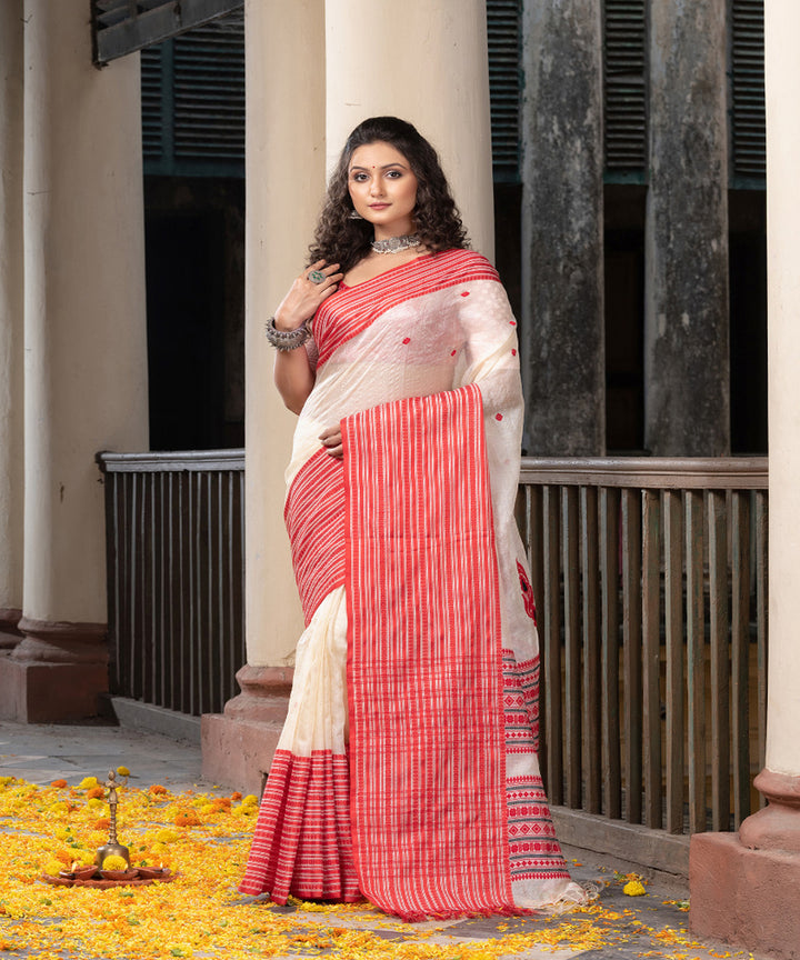 White red tussar silk handloom jacquard saree
