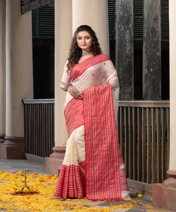 White red tussar silk handloom jacquard saree