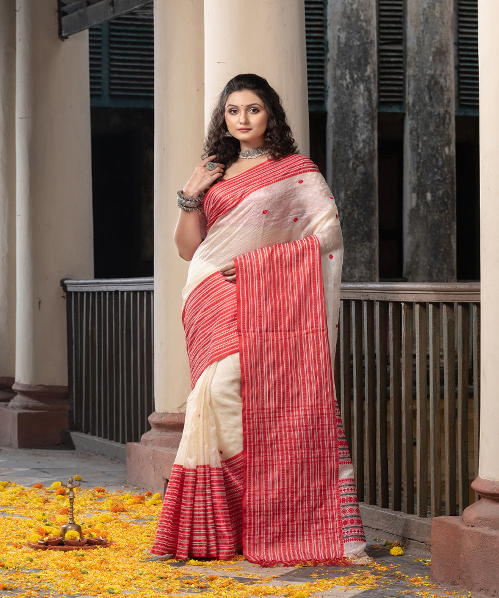 White red tussar silk handloom jacquard saree