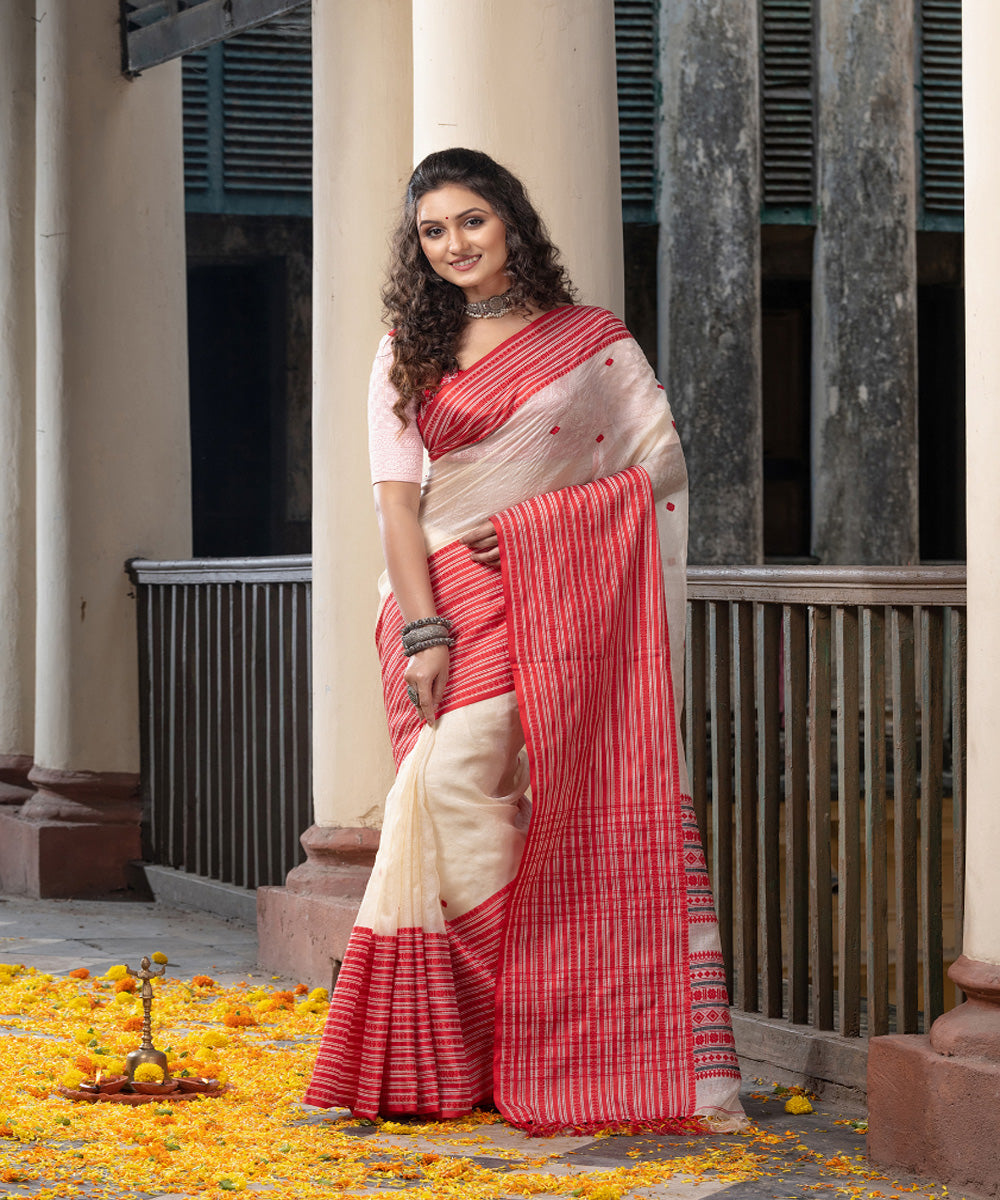 White red tussar silk handloom jacquard saree
