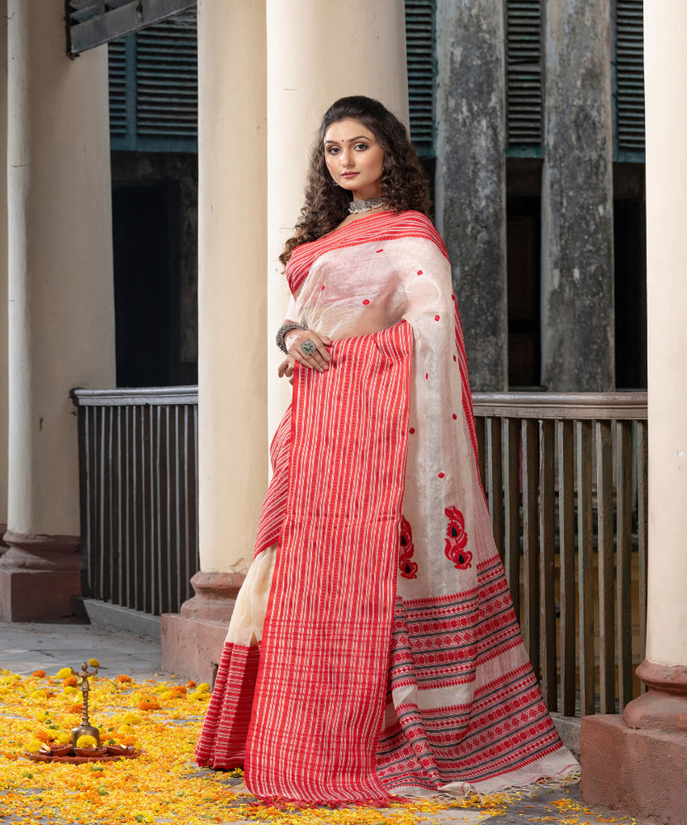 White red tussar silk handloom jacquard saree