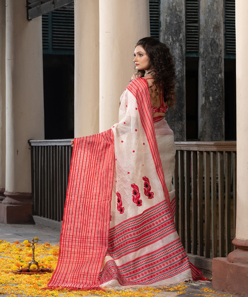 White red tussar silk handloom jacquard saree