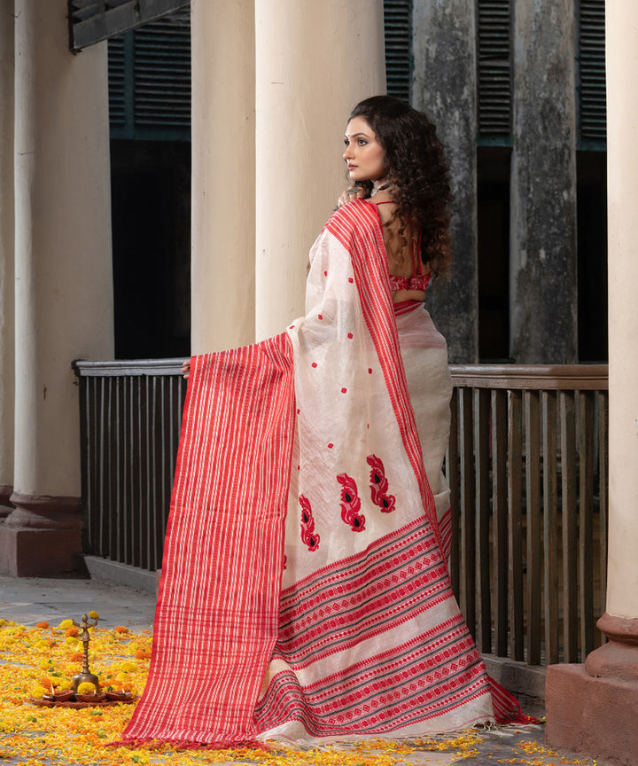 White red tussar silk handloom jacquard saree