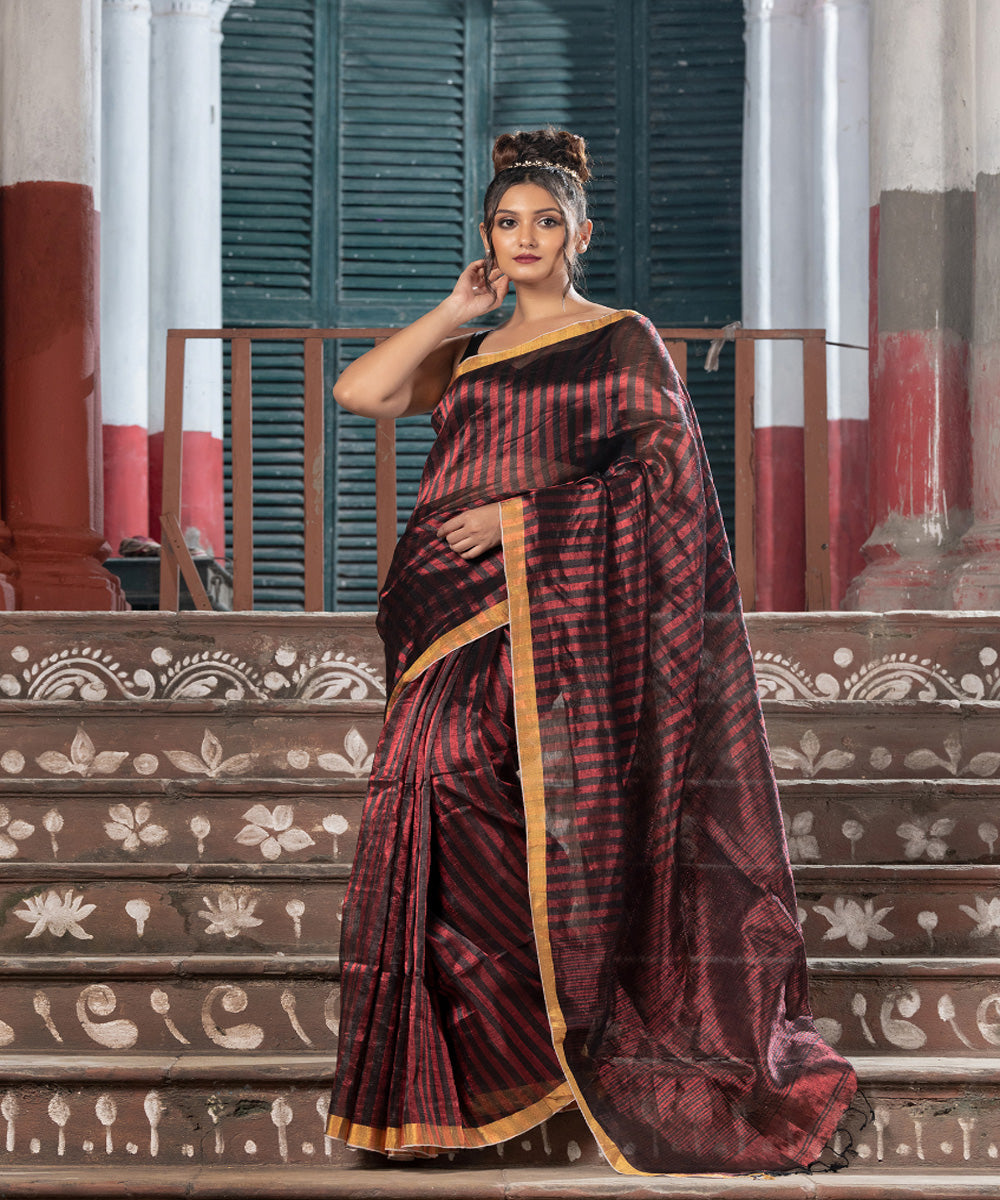 Red linen checks handloom bengal saree