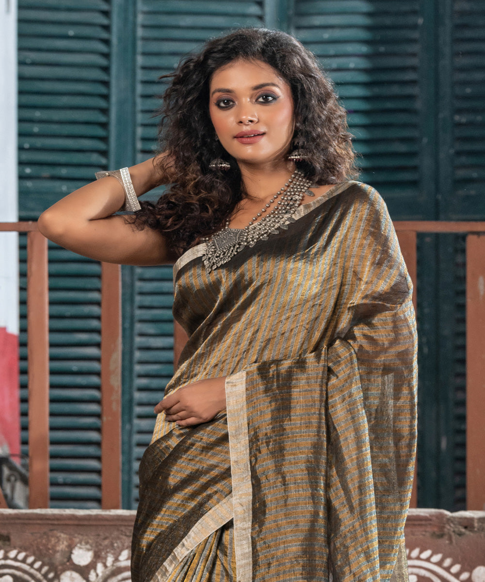 Silver linen checks handloom bengal saree
