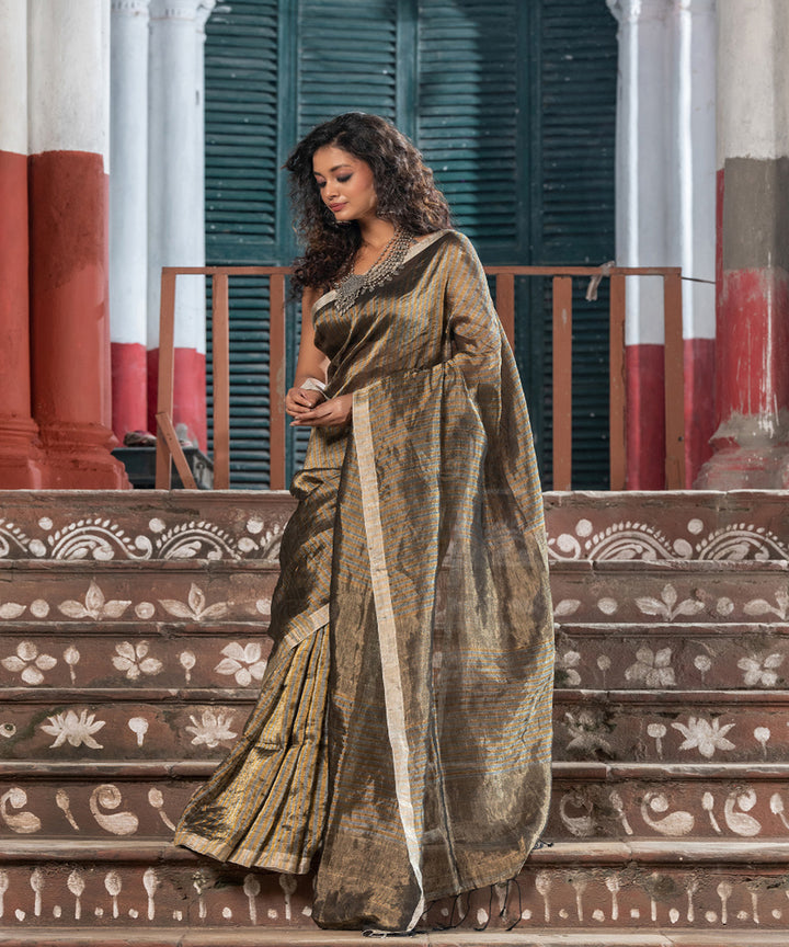 Silver linen checks handloom bengal saree